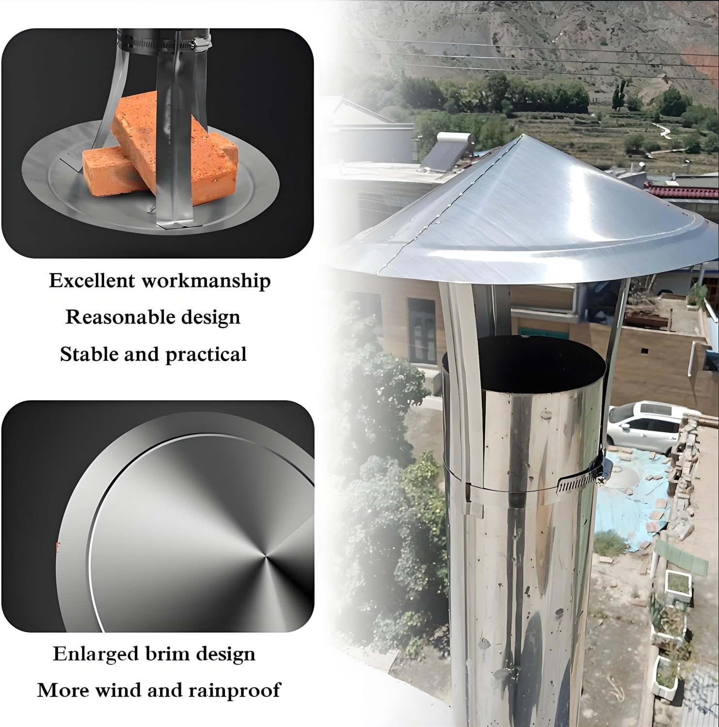 Chimney Cap Roof Cone Top Chimney Rain Cap 304 Stainless Steel Outdoor Exhaust Cap 2" 3" 5" 7" 9" 12" Vent Chimney Caps(3.5inch)