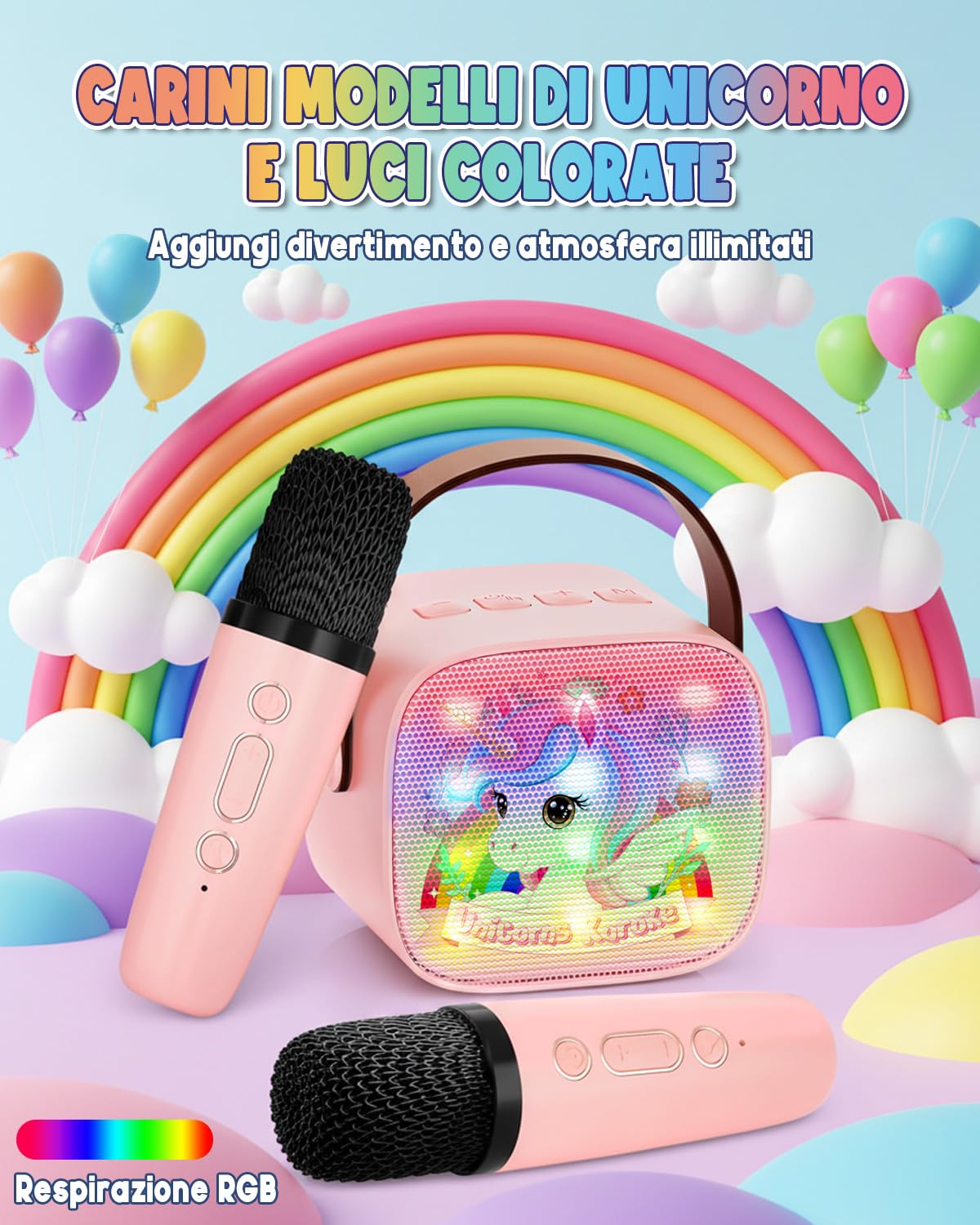 Karaoke per Bambini con 2 Microfoni Wireless Bluetooth, Gioco Musicale Unicorno per Bambina 3-12 Anni, Canta Tu Karaoke Portatile, Regalo Perfetto per Bambina