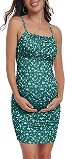 Sleeveless Maternity Dress Adjustable Strappy Summer Disty Floral Ruched Cami Bodycon Dress for Daily Wearing Or Baby Shower - Buy now