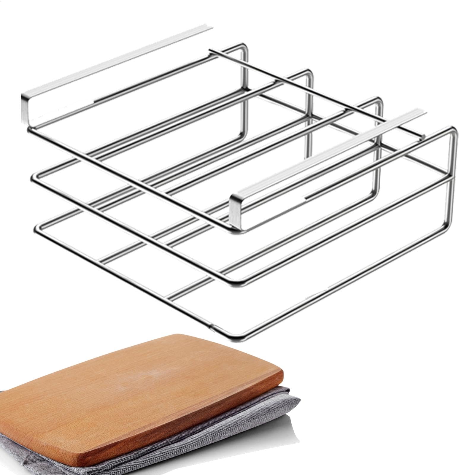 Generico Raccolto di supporto per taglieri, sotto il menomino del cabinet,Hangble Under Gabinet Pan Lid Stand - Rastrellino da tagliere in acciaio inossidabile per cucina