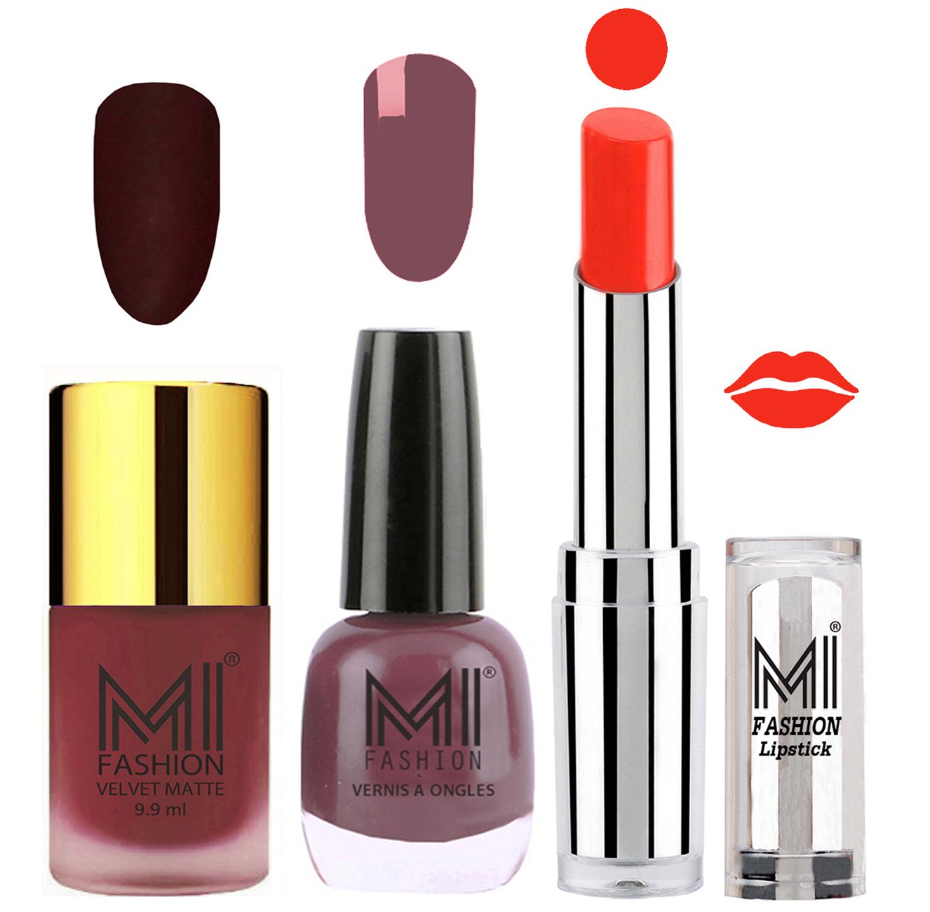 MI Fashion Nail Polish and Lipstick Combo - Maroon Matte Nail Polish Mauve Brown Shine Nail Polish and Orange Crush Lipstick Set of 3-image-23