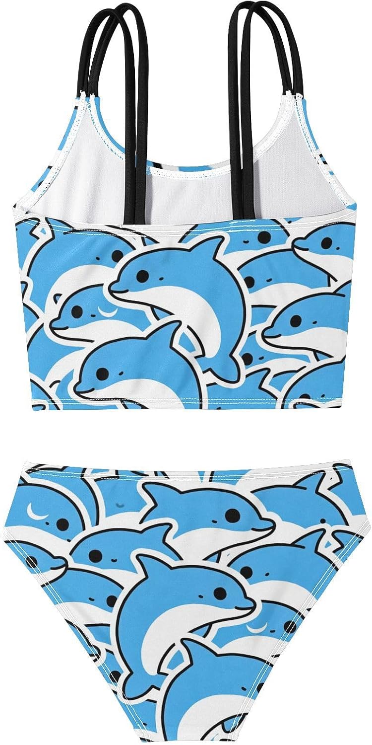 visesunny Girls Two Piece Swimsuits Blue Dolphin Cute Design Girl's Bikini Sets Bathing Suits for Girls Size 5-12Y