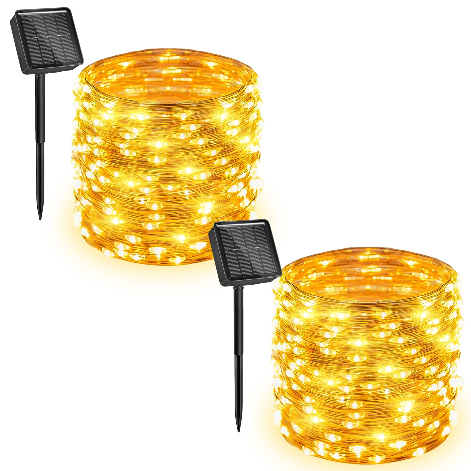 Solar String Lights, 2 Packs Total 66Ft 200 LED Fairy Lights Warm White | IP65 Waterproof Twinkle Lights with 8 Modes, Patio Lights for Tree Outside Patio Yard Party Wedding Christmas Decoration Warm White 2 Packs