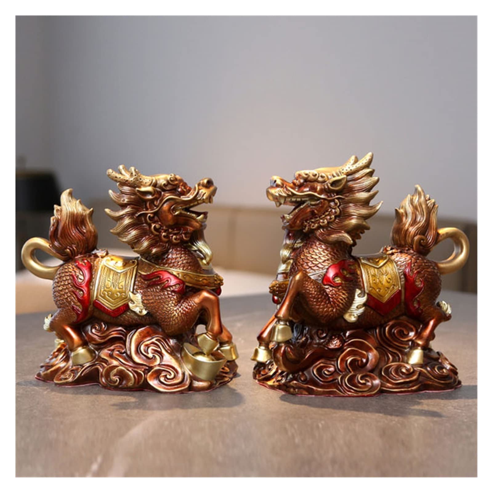 SnamicE Sculpture Decor Brass Kirin Ornaments 2pcs Kirin Office Chinese Style Home Accessories Living Room Entrance Housewarming Decorations Statue Decoration,