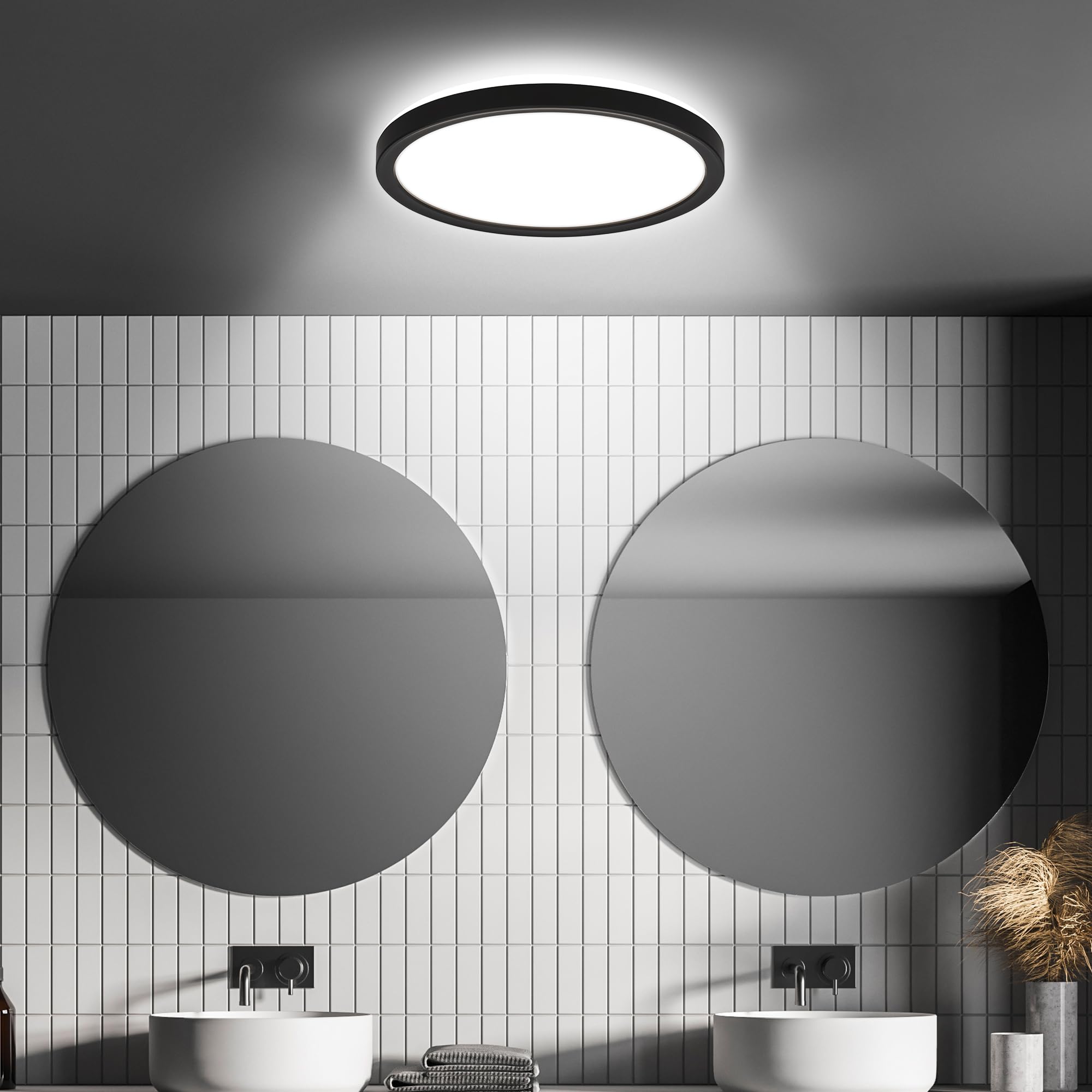 BRILONER - Lámpara de techo LED con detector de movimiento 3m de alcance IP44, color de luz blanco neutro, lámpara de baño, 24x3 cm, negro