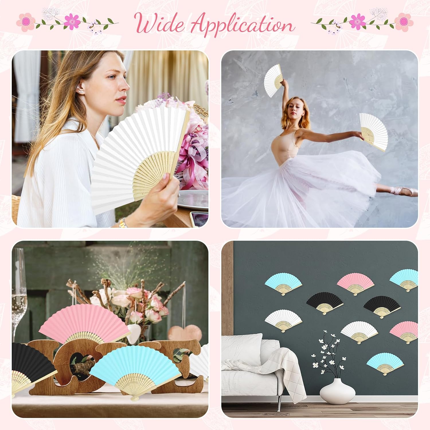 Paper Fans Paper Hand Fan Bamboo Folding Fan Handheld Fan Paper Folded Fan Paper Fan for Wedding Party and Home Decoration (100, White)