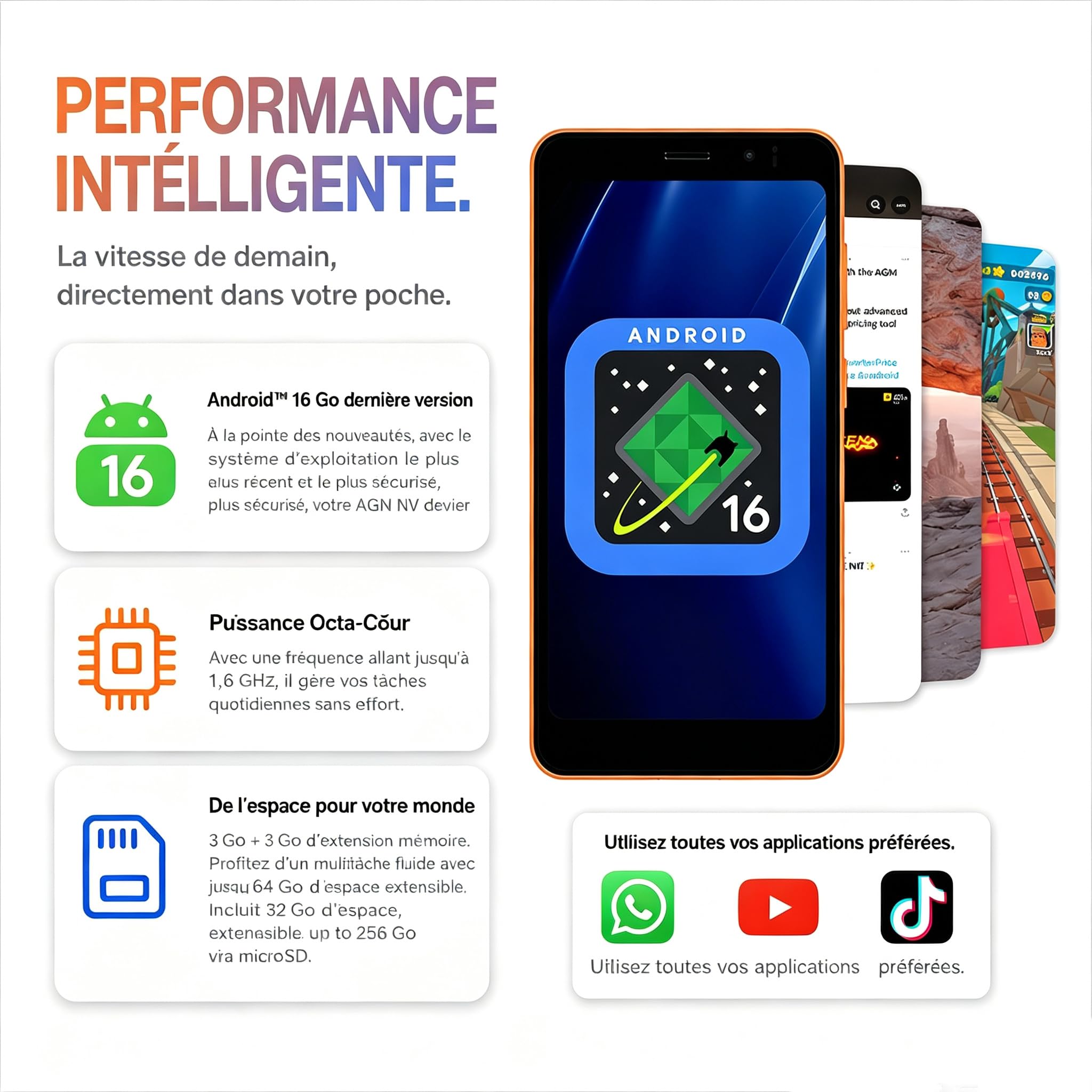 AGM Note N2 Mini Téléphone, Android 16, 4,96" Whatsapp 3+32Go IP54 3000mAh | Téléphone Mini Déverrouillé Android, Écran HD 4,96", 3Go+32Go, IP54 Double SIM, Batterie 3000mAh, Whatsapp, Orange
