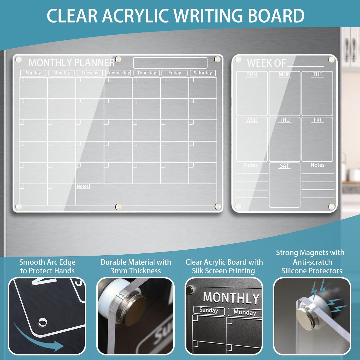 Acrylic Magnetic Calendar for Fridge, 2 Pcs Clear Monthly & Weekly Planner Dry Erase Planning Board for Refrigerator, W/ 6 Chalk Markers, Pen Holder, Adhesive Wall Screws and Towel