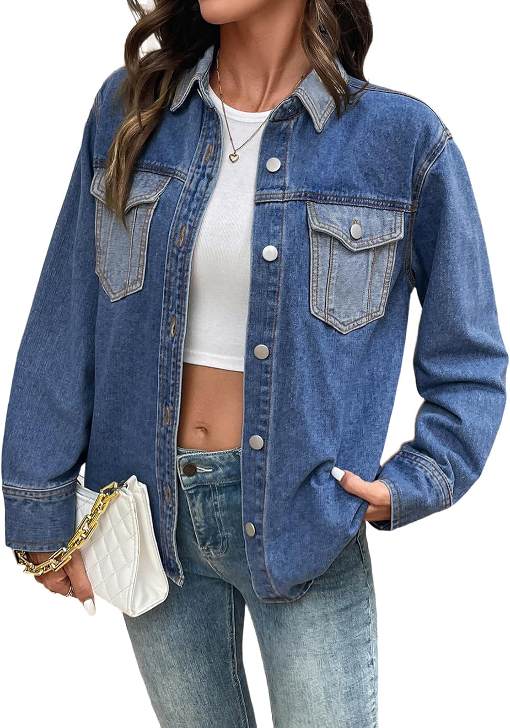 Sidefeel Women's Jean Jacket Oversized Boyfriend Shacket Button Down Long Sleeve Trendy Tonal Wash Denim Jackets