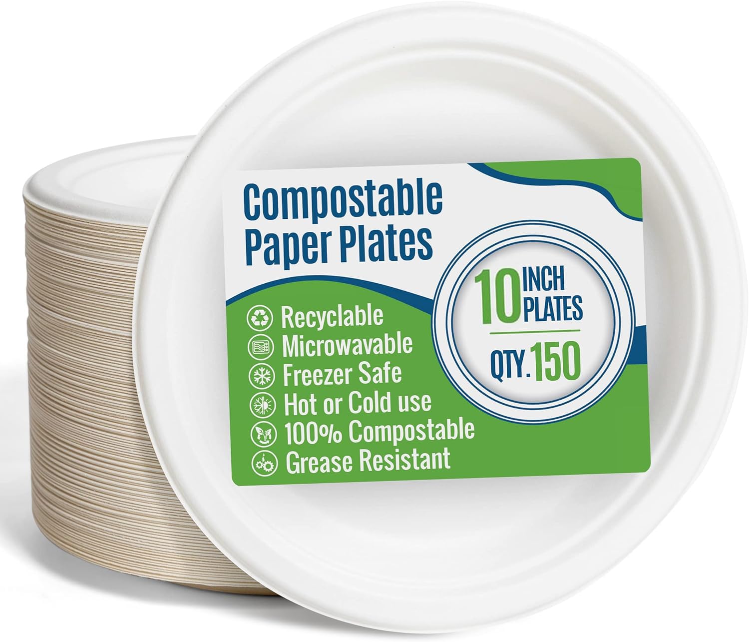 Platos de papel blanco, 10 pulgadas, 150 unidades, fibra de caña de azúcar de grado alimenticio, compostables y biodegradables, aptos para microondas, resistentes al calor y al frío, platos