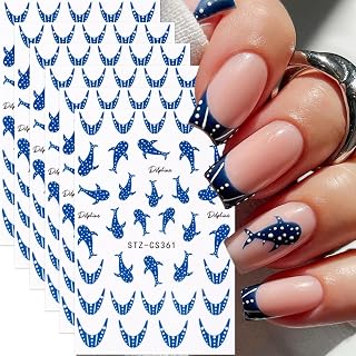 Blue Whale Nail Art Sticker Decal 6Pcs 3D Ocean Life Self-Adhesive Nail Stickers Blue Whale Polka Dot Wave Line Nail Design French Nail Supply Summer Nails Decal for Women Manicure DIY Decoration