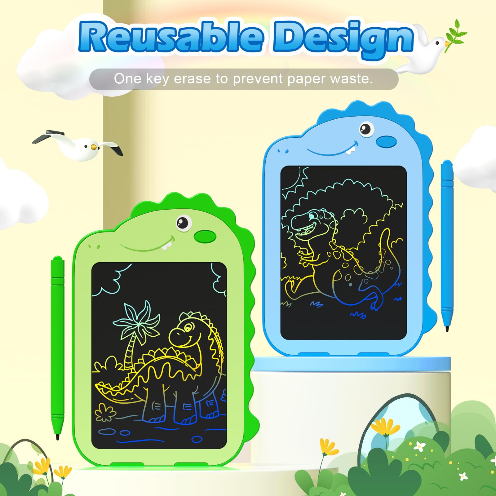 Paquete de 2 tabletas de escritura LCD para niños, tableta de dibujo colorida de 6.5 pulgadas, juguetes educativos para niños, almohadilla de garabatos, juguetes de dinosaurio para niños y niñas de 3 2