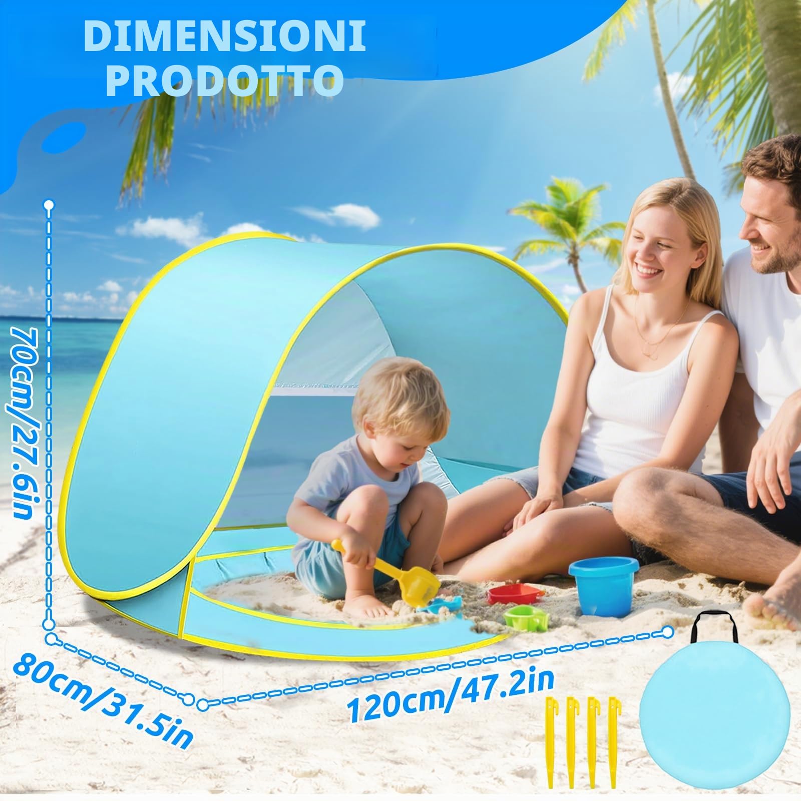 Tenda da Spiaggia Bambini, Tenda Istantanea Portatile, UPF 50+Tenda Spiaggia per 1-3 Persone, per Vacanza in Spiaggia Campeggio Viaggi - Blu