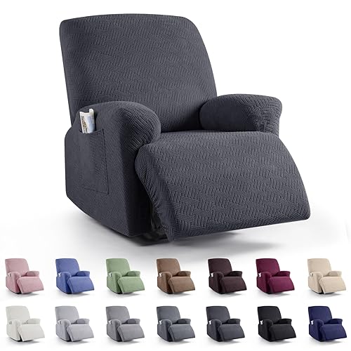KinCam Recliner Covers, Stretch Reclining Chair Covers, Recliner Sofa Slipcovers Stripe Jacquard Recliner Couch Covers Furniture Protector Covers for Pet Kid (1 XL Seater, Charcoal Gray)