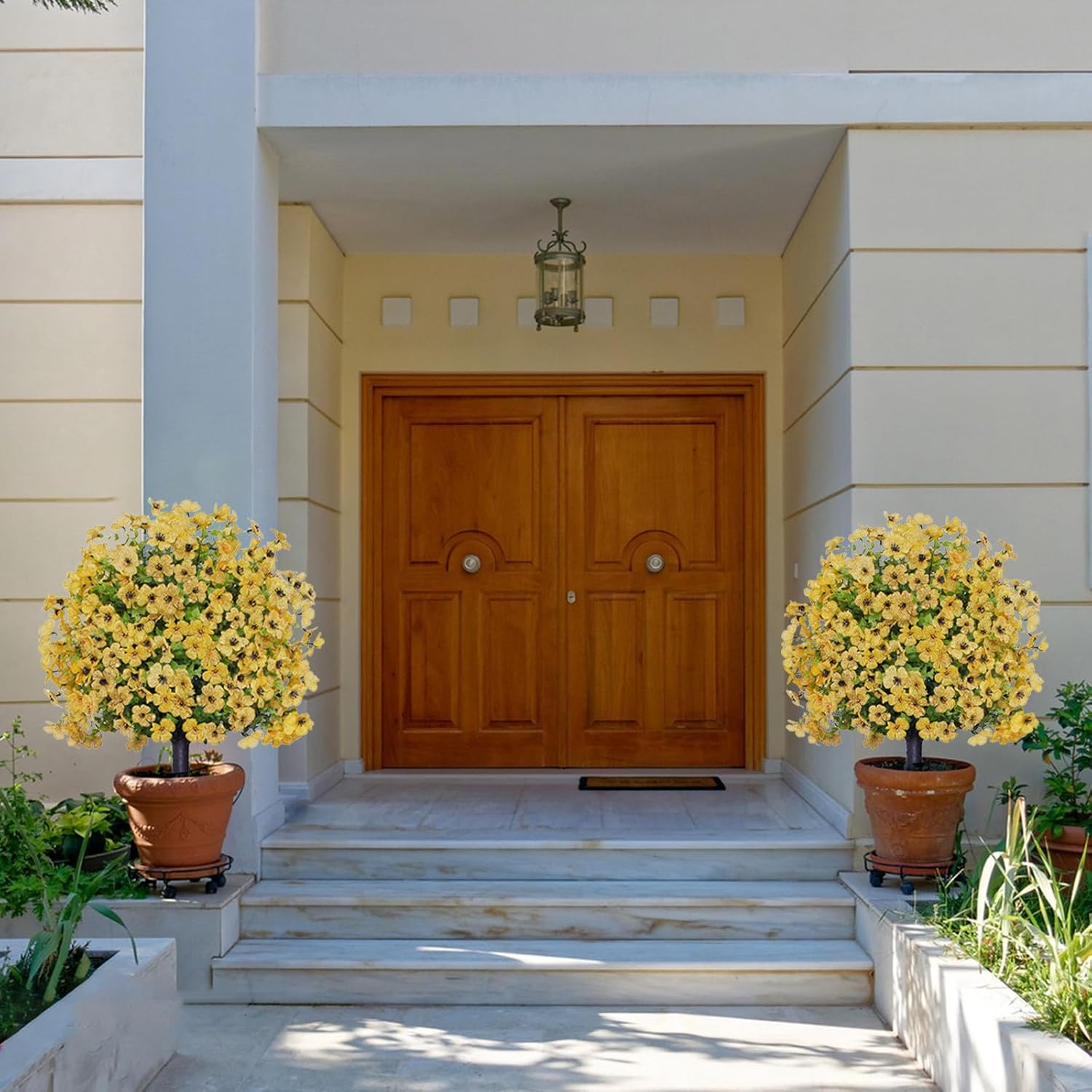 23in Artificial Violet Ball Topiary Trees with Ground Spikes,Fake Flower Bushes Plants, Fade Resistant Faux Shrubs Tree Brush for Indoor Outdoor Front Porch Garden Backyard Decor (Yellow)