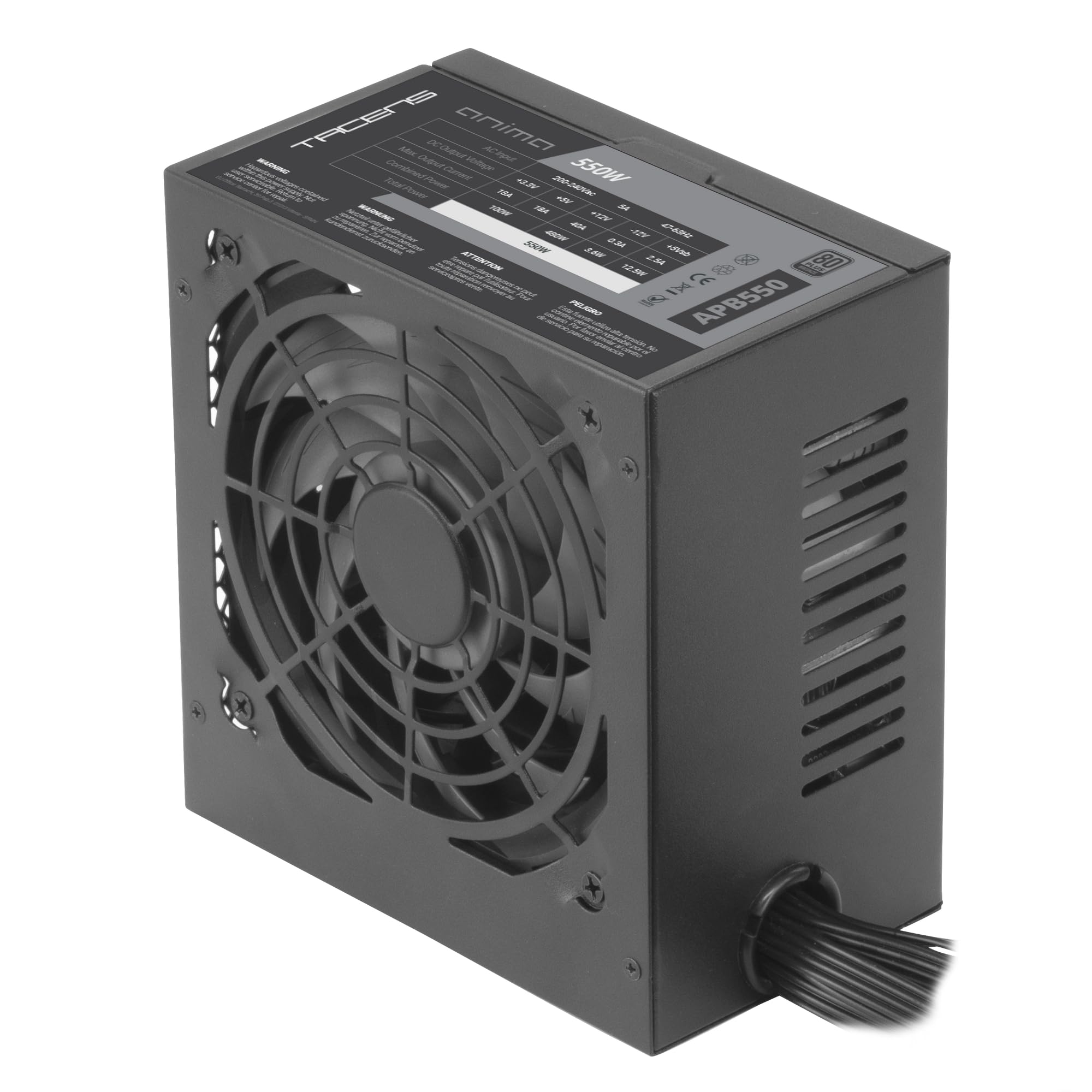 Tacens Anima APB550, ATX 550W PC Power Supply, 80Plus Bronze 85%, SMD and DC-DC Technologies, Ultra-silent 12cm Fan, Japanese Capacitors 105º, Premium Textured Cables, Black