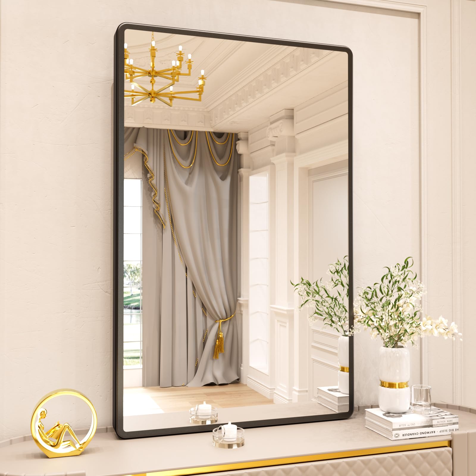 New Upgrade 48X30 Inch Wall Mounted Bathroom Mirror, Black Metal Frame Rounded Rectangle Mirror, Bathroom Vanity Mirror with Tempered Glass for Washroom Bedroom Living Room