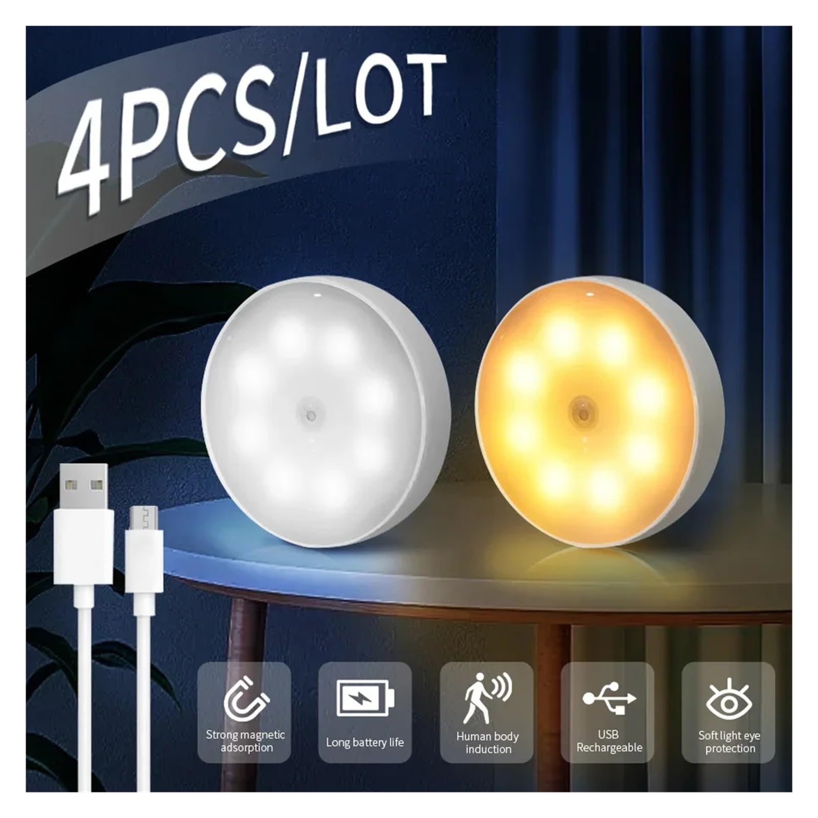 1/2/4 pezzi sensore di movimento ricaricabile luce notturna a LED decorazione della parete lampada da notte for camera da letto luci for armadio da cucina luce notturna for bambini