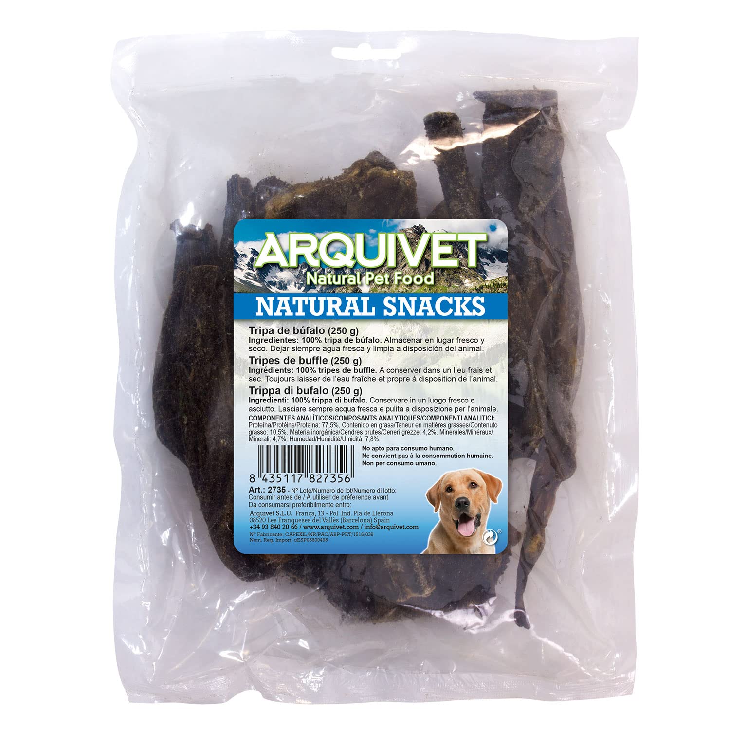 ARQUIVET Tripa de búfalo - 250 g - Natural Snacks - Snacks para Perros - Snacks Naturales Perros - premios Perros - Snacks para morder - recompensa para Perros - chuches Naturales para Perros