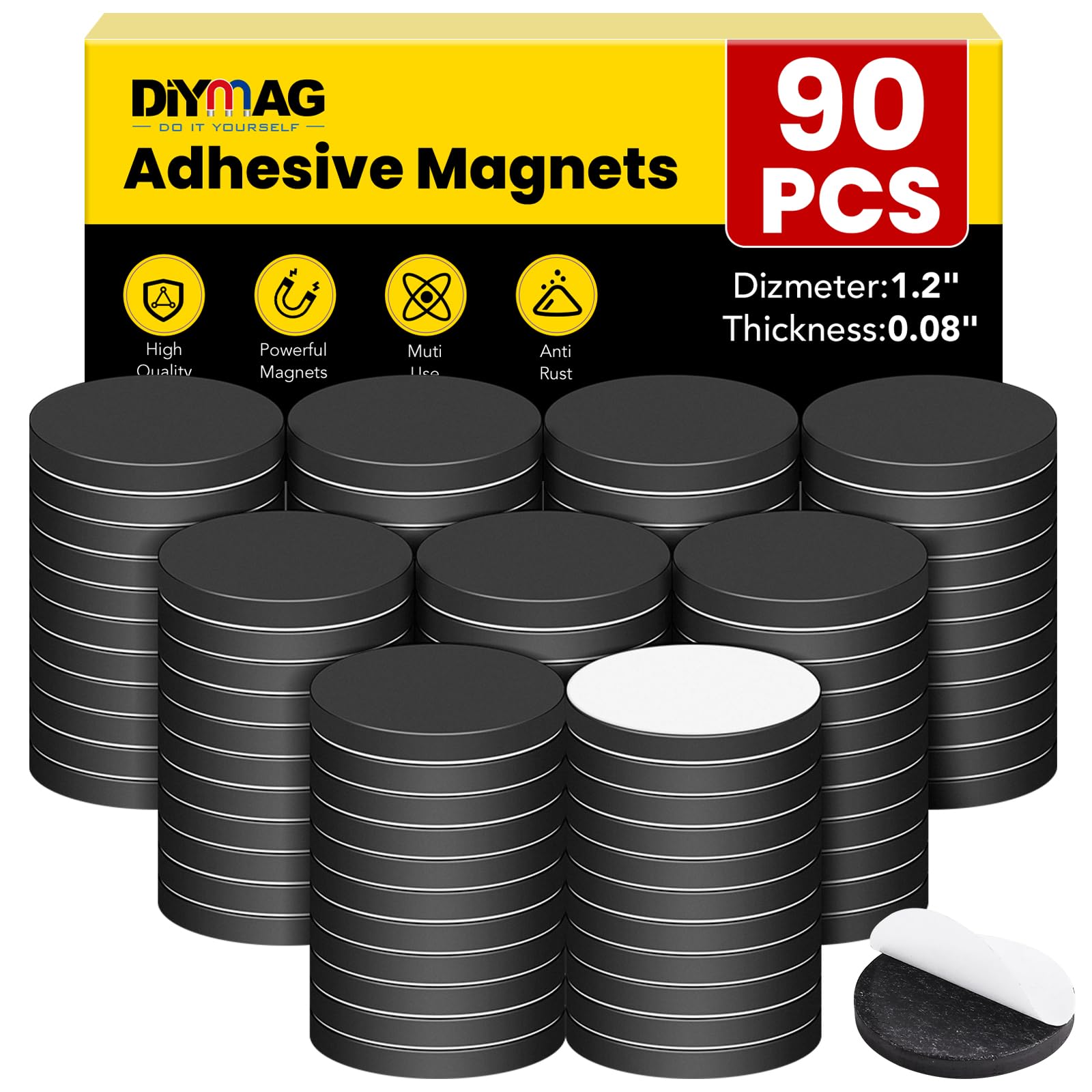 DIYMAG 90Pcs Magnetic Dot with Self Adhesive, Round Magnets Magnetic Tape Flexible Magnet Sheets with Adhesive for Crafts, Photos and Die Storage Easy