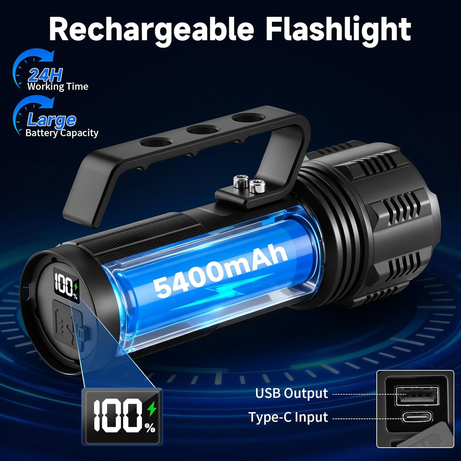 Rechargeable Flashlights High Lumens with Handle, Super Bright Flashlight Rechargeable, High Powered Flashlights with Digital Display, 5Mode Adjustable Handheld LED Flashlight for Camping Home
