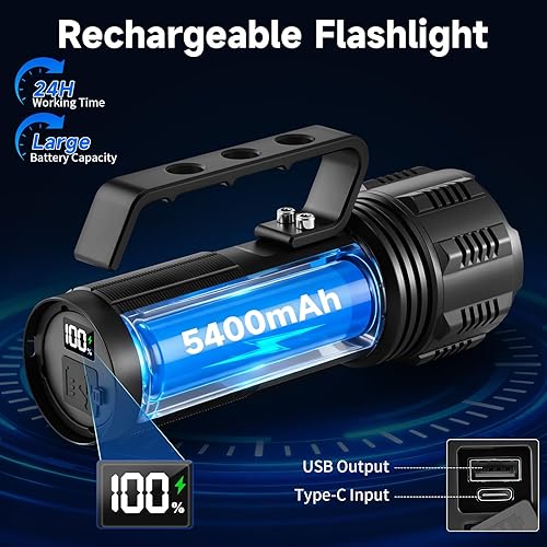 Miniatura 3 de Linternas de alto lumen recargable con mango, 5 modos de linterna súper brillante para acampar en casa, color negro