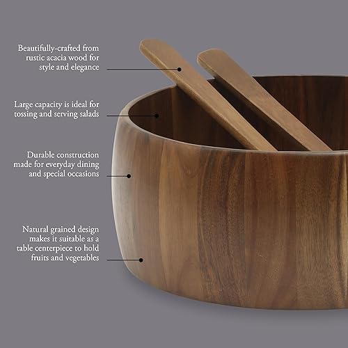 Miniatura 4 de Gibson Home Laurelton - Juego de 3 cuencos de madera de acacia para servir ensalada, tazón grande de 13 pulgadas con 2 herramientas para servir