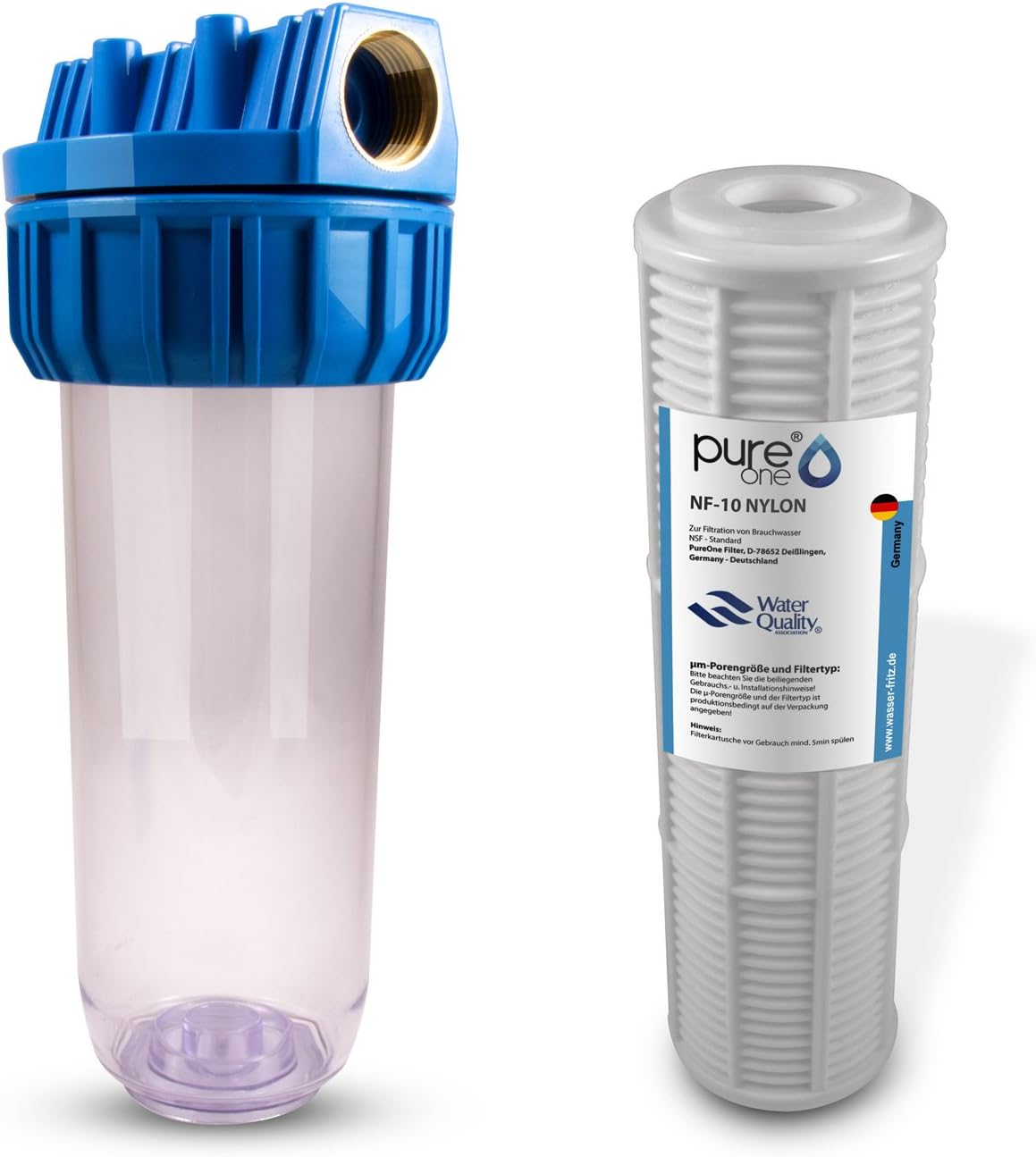 PureOne NS1 Nylon Set 80 µm 1 Filter System Sediment Filtration, Pump Protection Filter Housing with NF Electric Nylon Filter Cartridge 10 Washable for Well Water Butt 10 Inch
