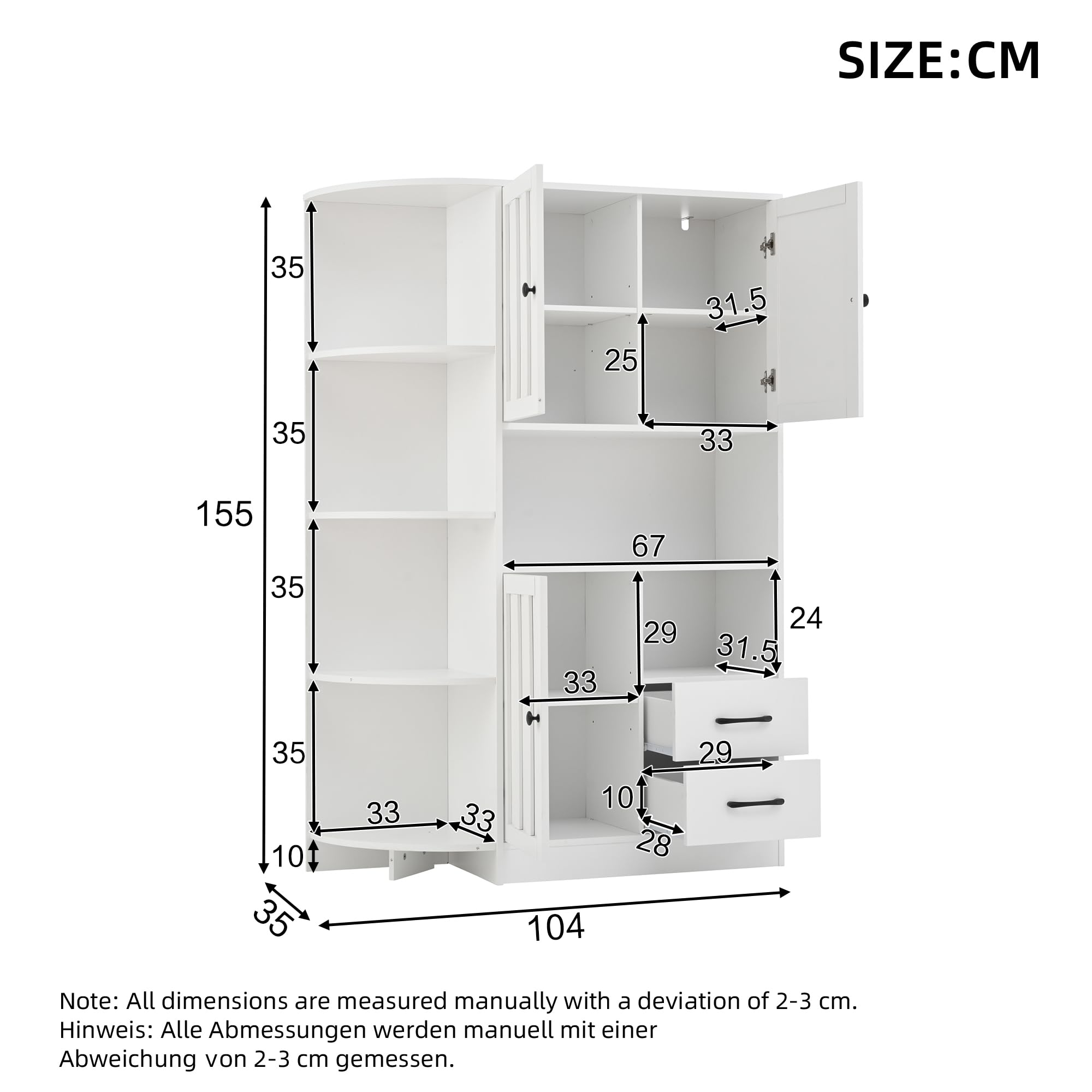 104 x 35 x 155 cm, armario de esquina con 3 armarios + 2 cajones, estanterías de salón, armarios altos y highboard con un total de 14 áreas de almacenamiento, estanterías, aparador, color blanco
