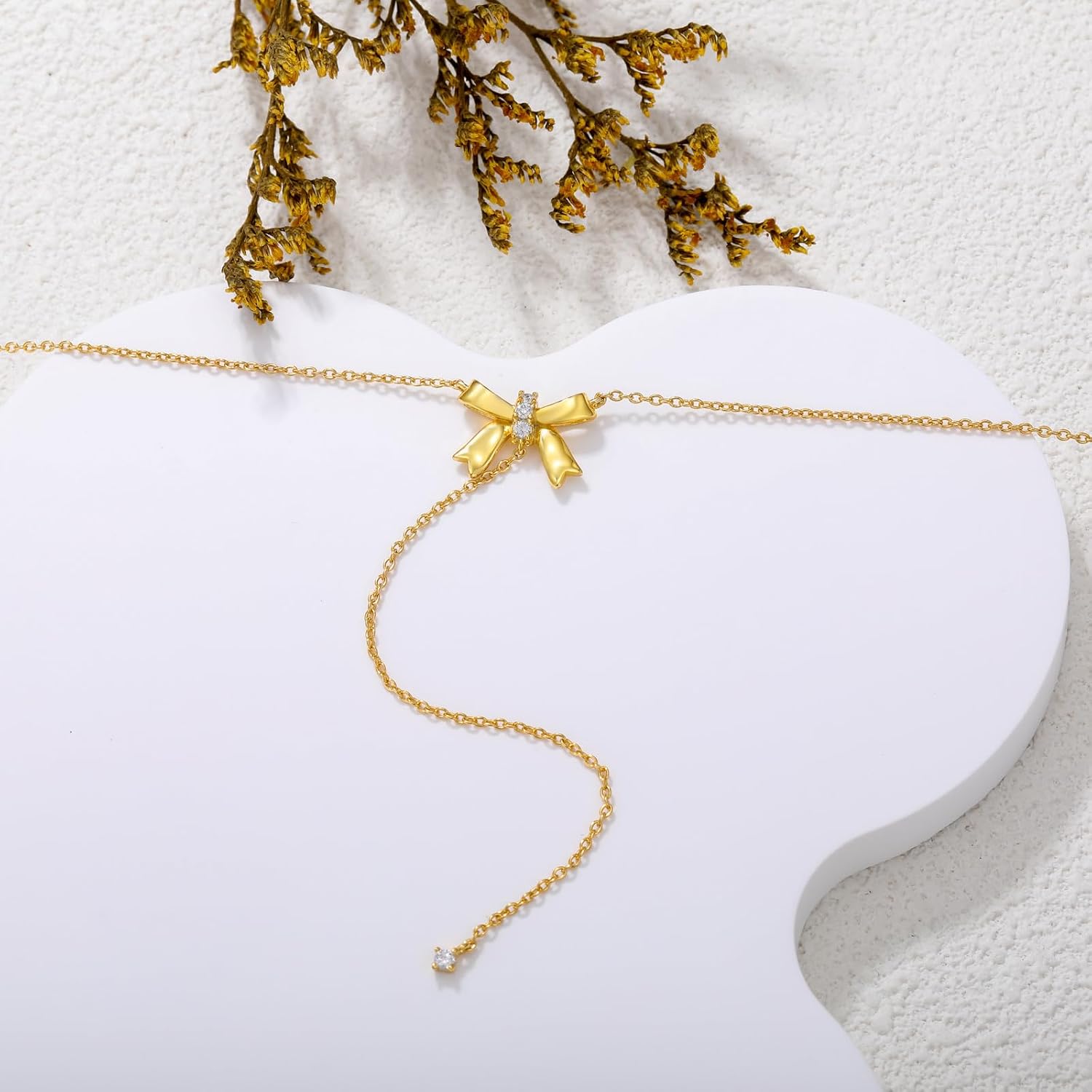 Diamond Bow Necklace for Women S925 Sterling Silver Bow Pendant Necklace 18K Gold Plated Bow Y-Necklace Jewelry Gifts for Wife Her Mom