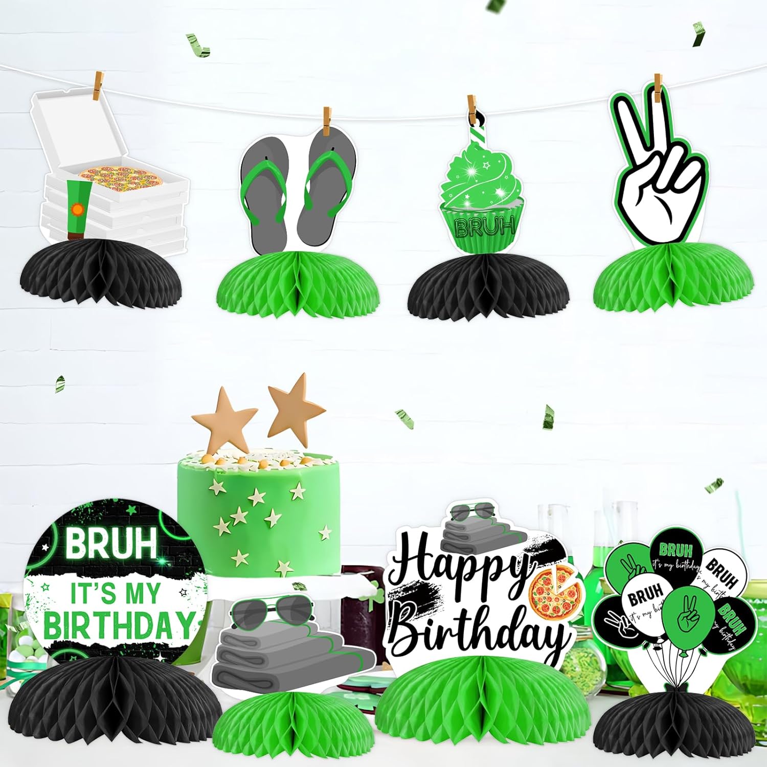 JOYMEMO 8Pcs Bruh Its My Birthday Honeycomb Centerpieces Green Black, Preteen and Teens Birthday Decorations, Funny Bruh Teenager Birthday Party Table Decor Supplies