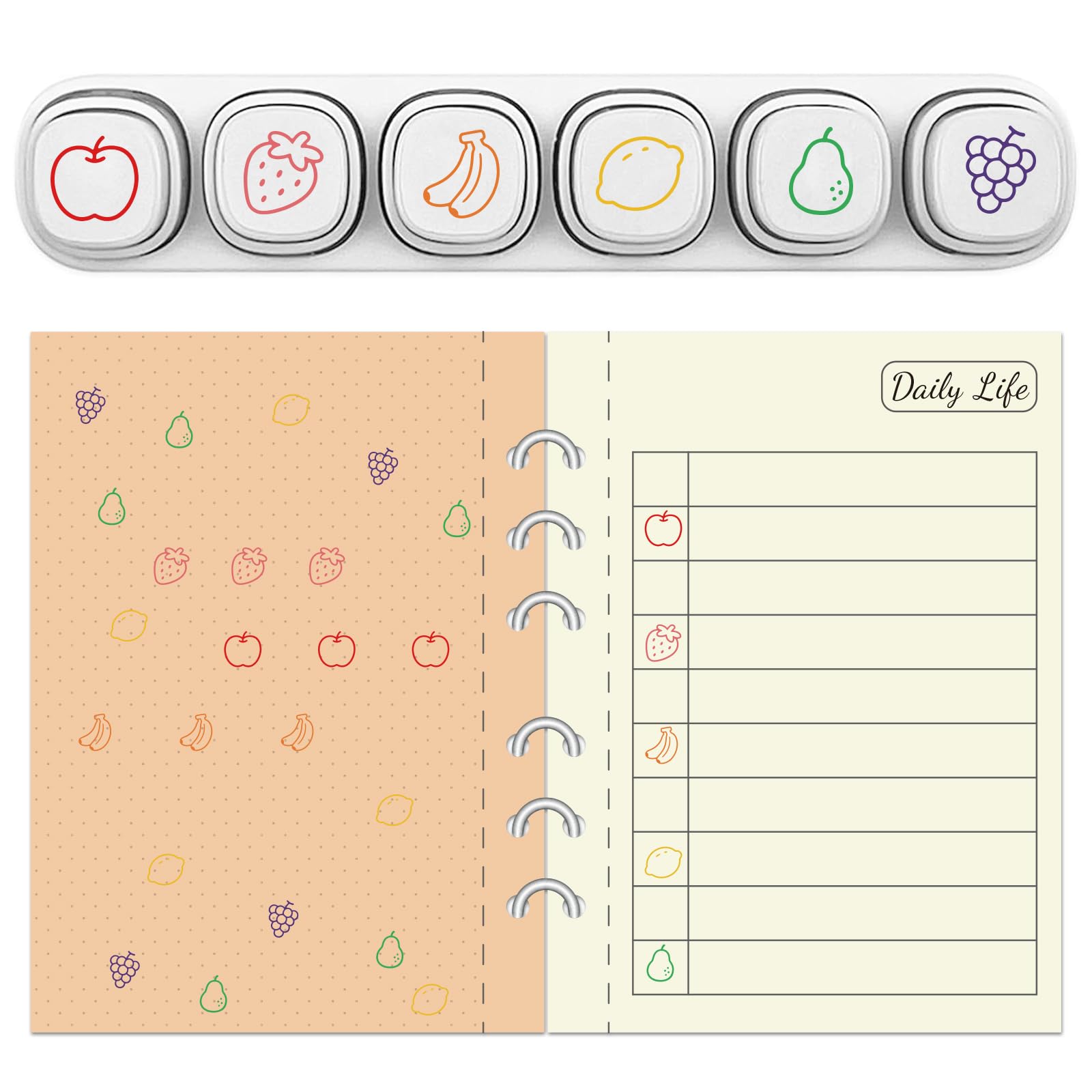 GLOBLELAND 6 Pcs 6 Styles Fruits Theme Self Inking Stamps for Grading Apples Strawberries Bananas Plastic Stamp Set Lemons Pears Grapes Mini Stamps for Drawing Journaling Art Crafts Birthday Party