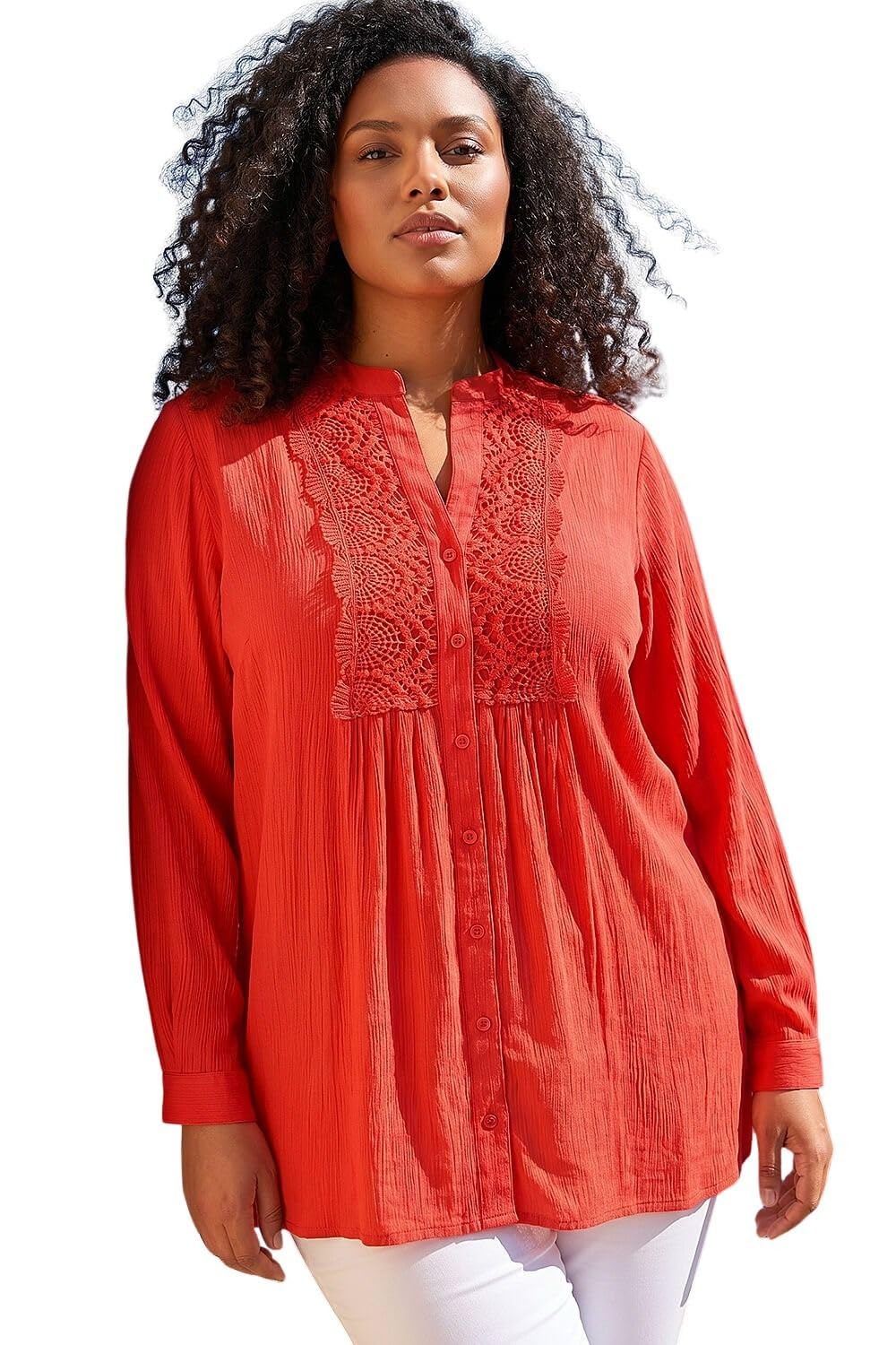 Roman Women's Curve Lace Trim Pintuck Blouse in Red | Size: 18