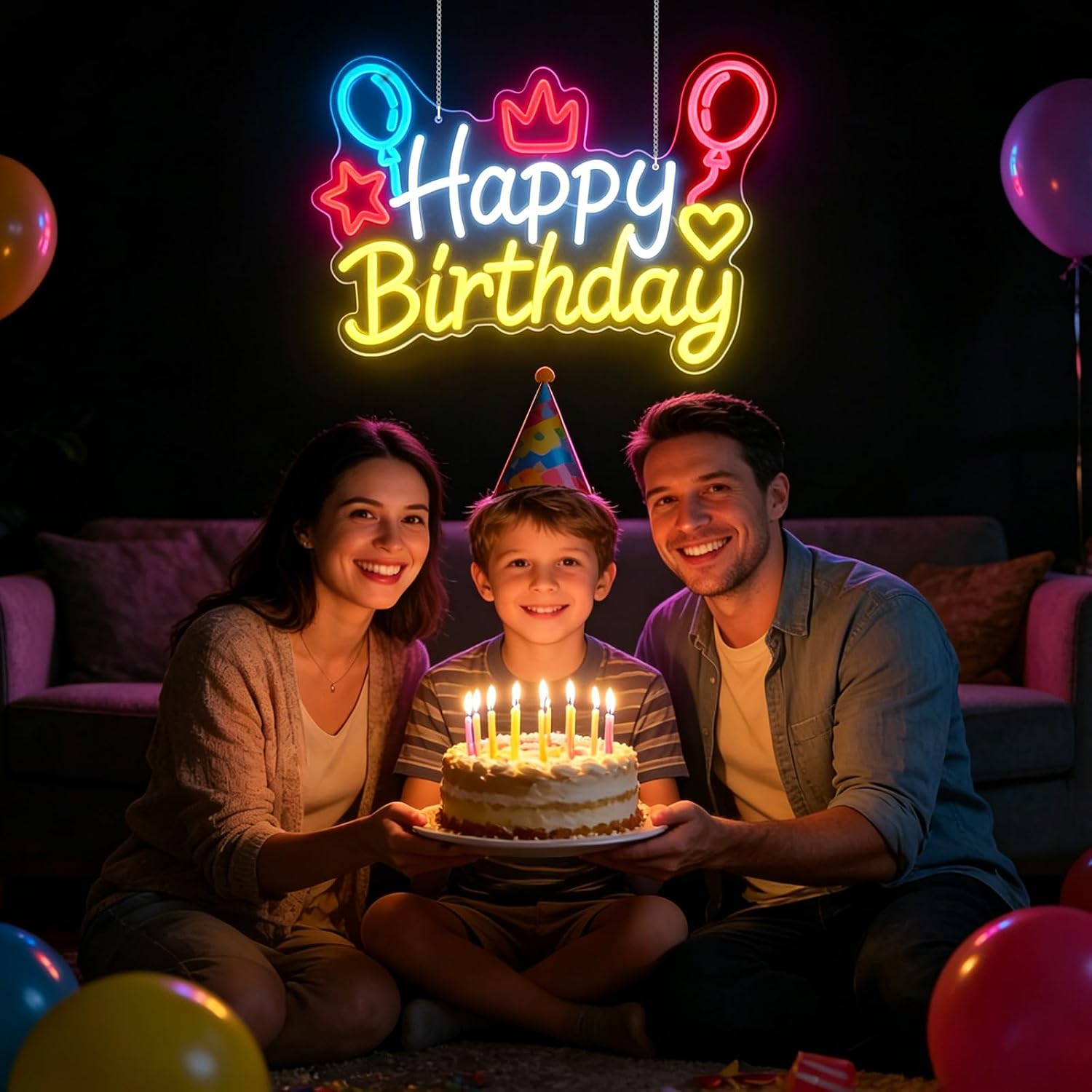 Happy Birthday Neon Sign Light up Sign for Wall Decor and Backdrop, Led Neon Signs Banner with 10-Level Brightness Dimmable Switch for Birthday Decorations,Power by USB（16.4'' X 12.6'')