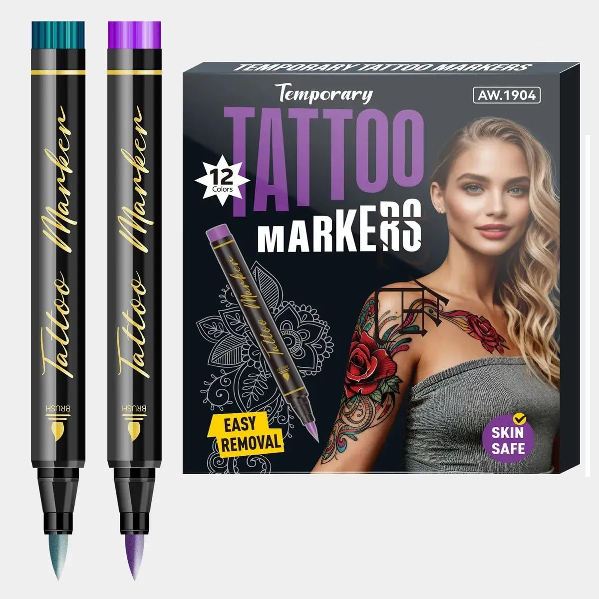 Temporary Tattoo Marker Pens for Skin – 12 Colors Body Art Tattoo Markers Set | Tattoo Pen for Body, Face & Arm | Easy Washable Body Paint Pens for Kids & Adults | Tattoo Marker Pen Kit for Parties-image-0