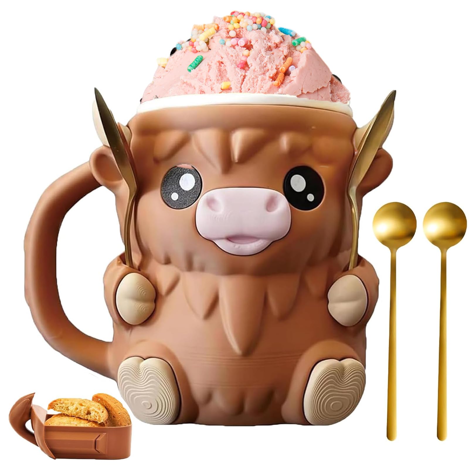 Highland Cow Ice Pint Holder, tazza per gelato con cucchiaio, riutilizzabile, protezione antigoccia per ragazzi e ragazze (C) (A)