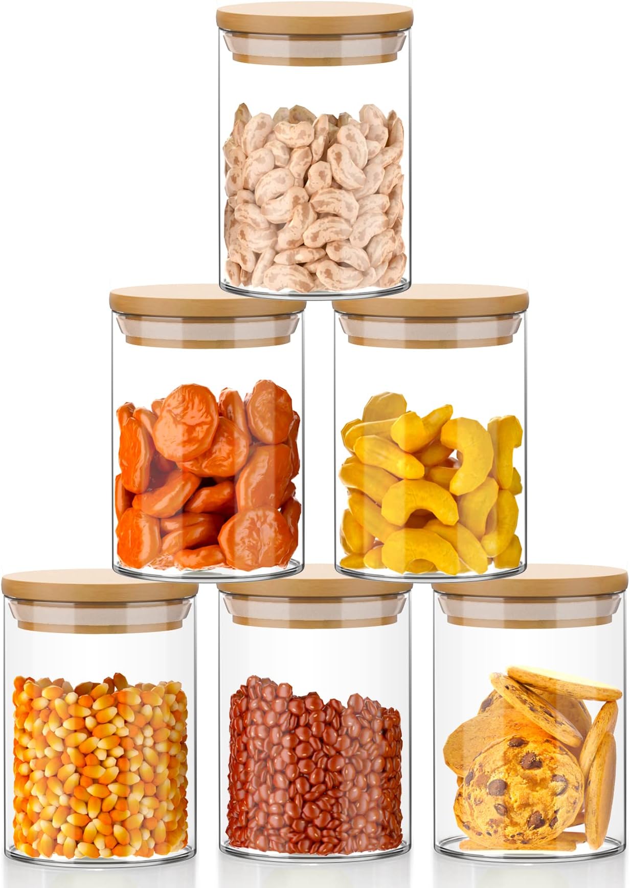 6 Set Glass Jars Set 260ml, 9oz Spice Jars Food Cereal Storage Container with Bamboo Airtight Lids and Labels for Flour, Sugar, Coffee, Candy, Snack and More