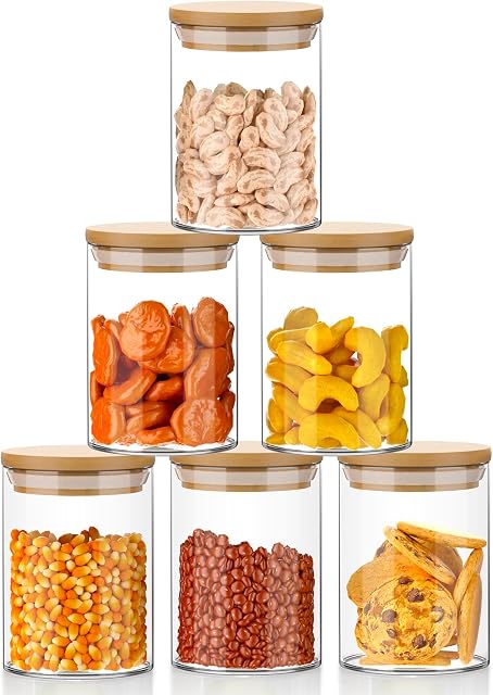 6 Set Glass Jars Set 260ml, ARVINKEY 9oz Spice Jars Food Cereal Storage Container with Bamboo Airtight Lids and Labels for Flour, Sugar, Coffee, Candy, Snack and More