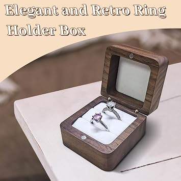 Wooden Ring Box, Mini Engagement Jewellery Box with Double Slot, Square Wedding Ring Box for Ring, Elegant and Retro Ring Holder for Wedding, Ceremony (white)