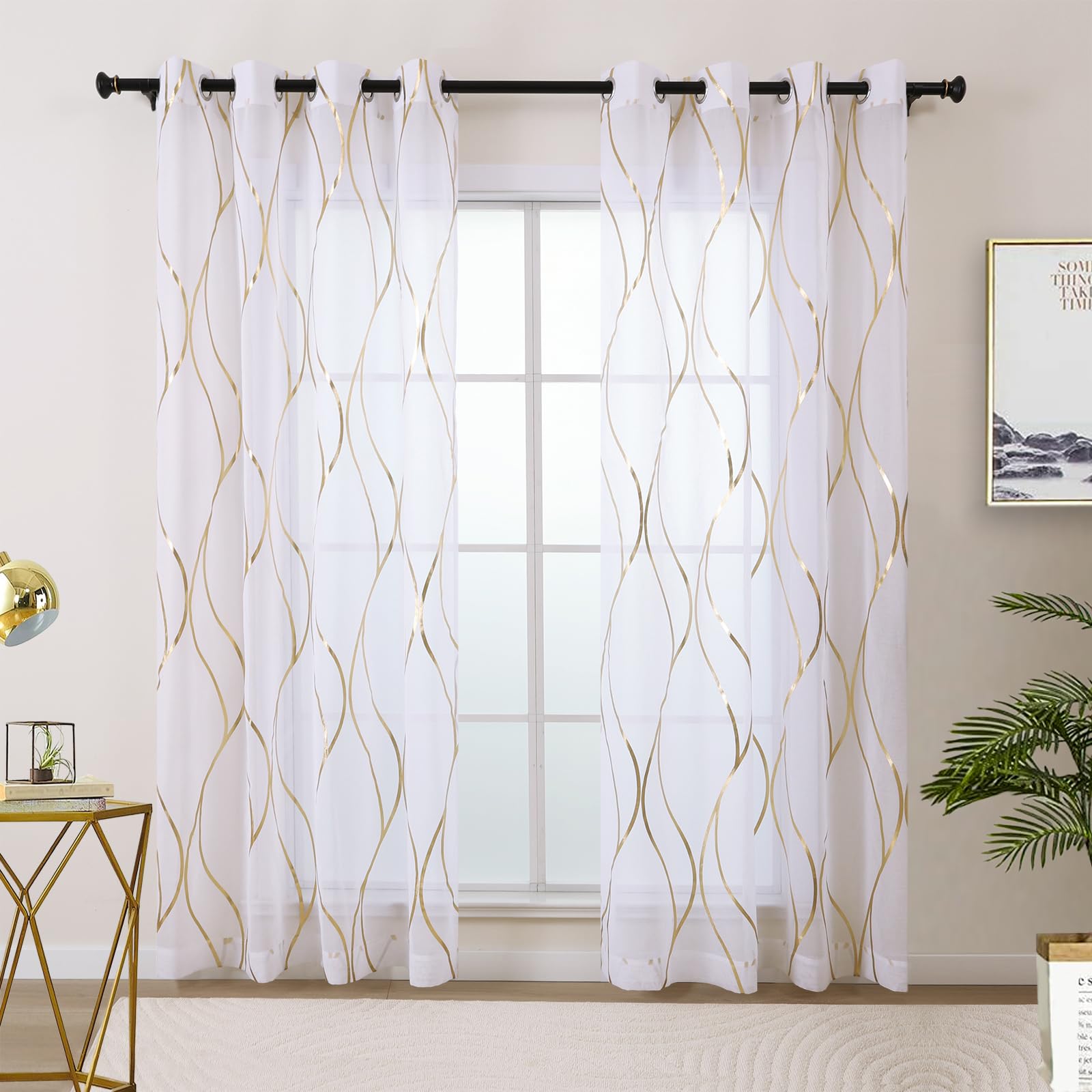 L.Z.E White and Gold Curtains for Living Room, Light Filtering Sheer Curtains 90 Inches Long 2 Panels Set, Grommet See Through Window Drapes with