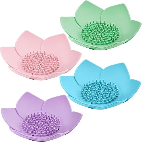 Framendino, Paquete de 4 jaboneras de silicona, antideslizante, diseño floral autodrenante, soporte de jabón en forma de flor para ducha, baño,