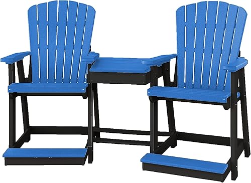 DutchCrafters Sillas de patio con respaldo de ventilador doble de poliéster Adirondack con mesa central (negro y azul)