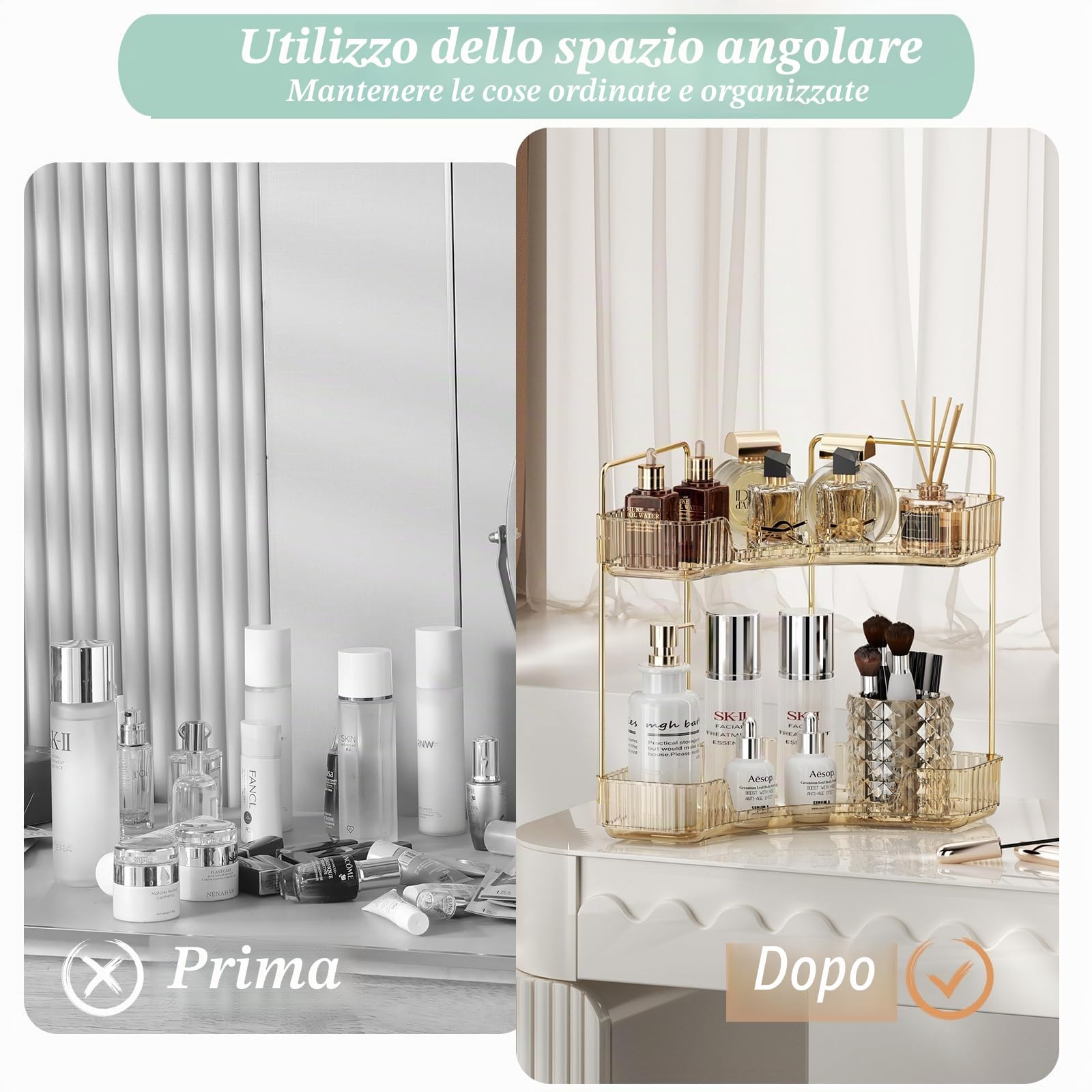 Organizzatore di Trucco, organizzatore angolare per il bagno, Organizzatore di Cosmetici ad Grande Capacità, Organizer Trucchi Multifunzione Adatti per Toeletta, Bagno, 2 Livello, Trasparente