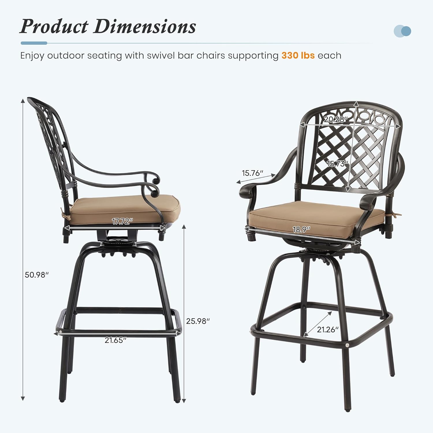 Cast Aluminum Swivel Bar Stools, All-Weather Patio Height Bartools Chair Sets with Cushions for Garden, Backyard, Poolside, Bistro (2 Pieces)