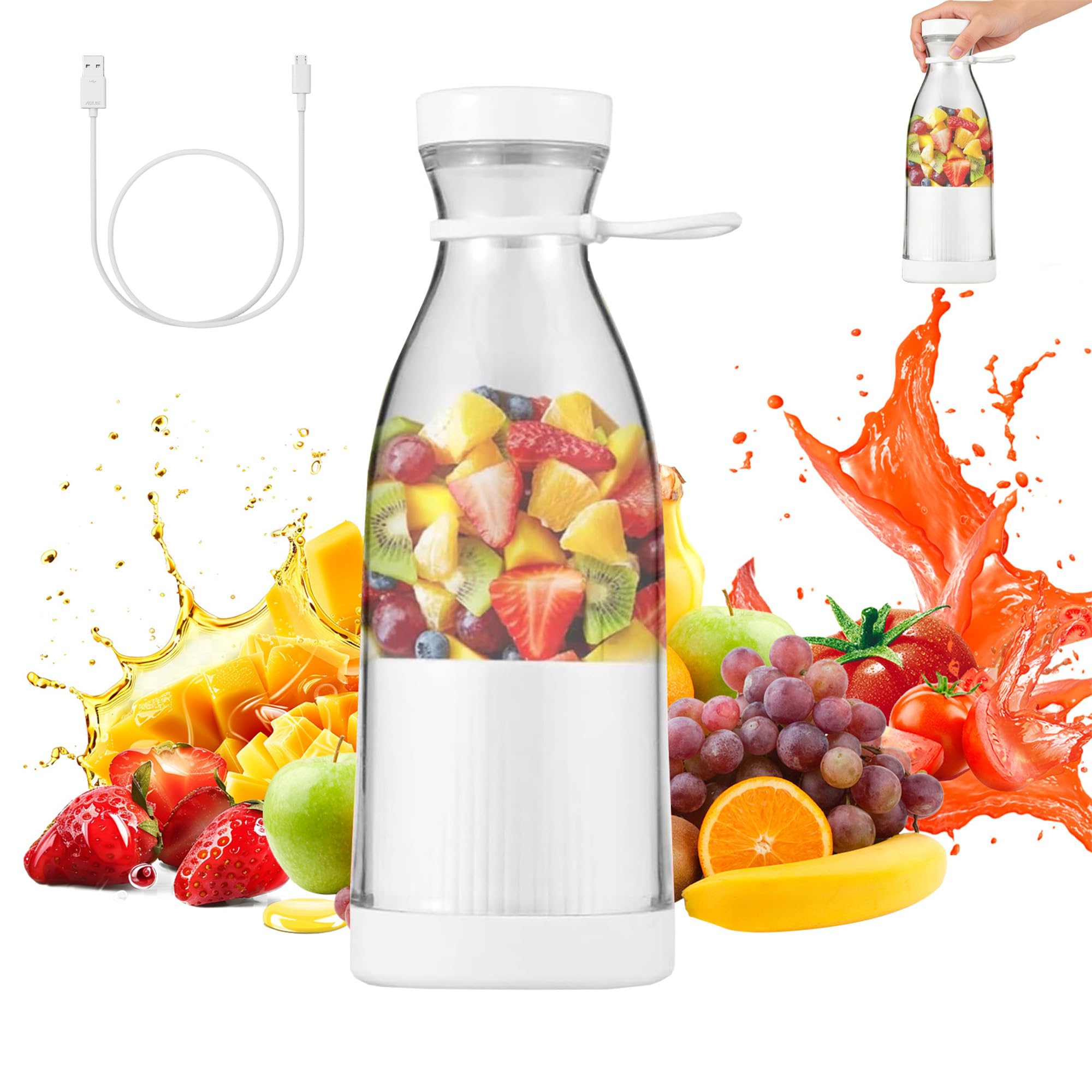 Portable Blender Smoothie Maker, 420ml Electric Mini Juice Maker with 6 Blades,Juicer Blender Bottle,for Fruits, Shakes, Smoothie, Perfect for Home, Office, School, Outdoors (White)