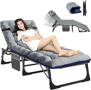 ZIKEBTUY Garden Sunloungers 440lbs Load Capacity Folding Bed Sun Recliner Lounger with Side Pocket and Adjustable Backrest Portable Camp Bed for Camping Office Nap Patio Pool 190x68x30CM (Grey)