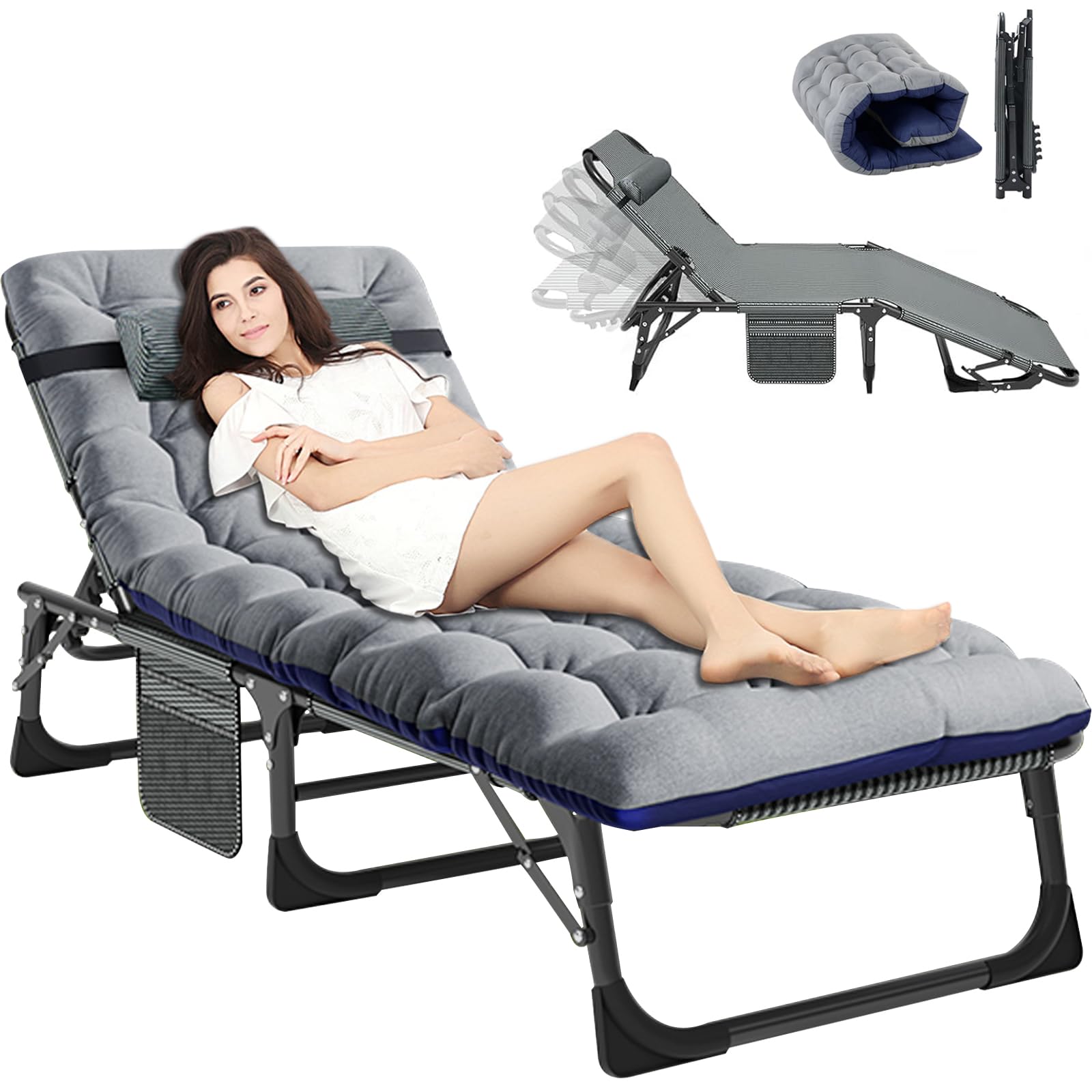 ZIKEBTUY Zonneligstoel, opklapbed, 198 x 81 cm, campingbed, logeerbed, inklapbaar, ligstoel, 200 kg, belastinglager tuinligstoel met matras, zijzak en hoofdsteun, veldbed voor binnen en buiten, tuin