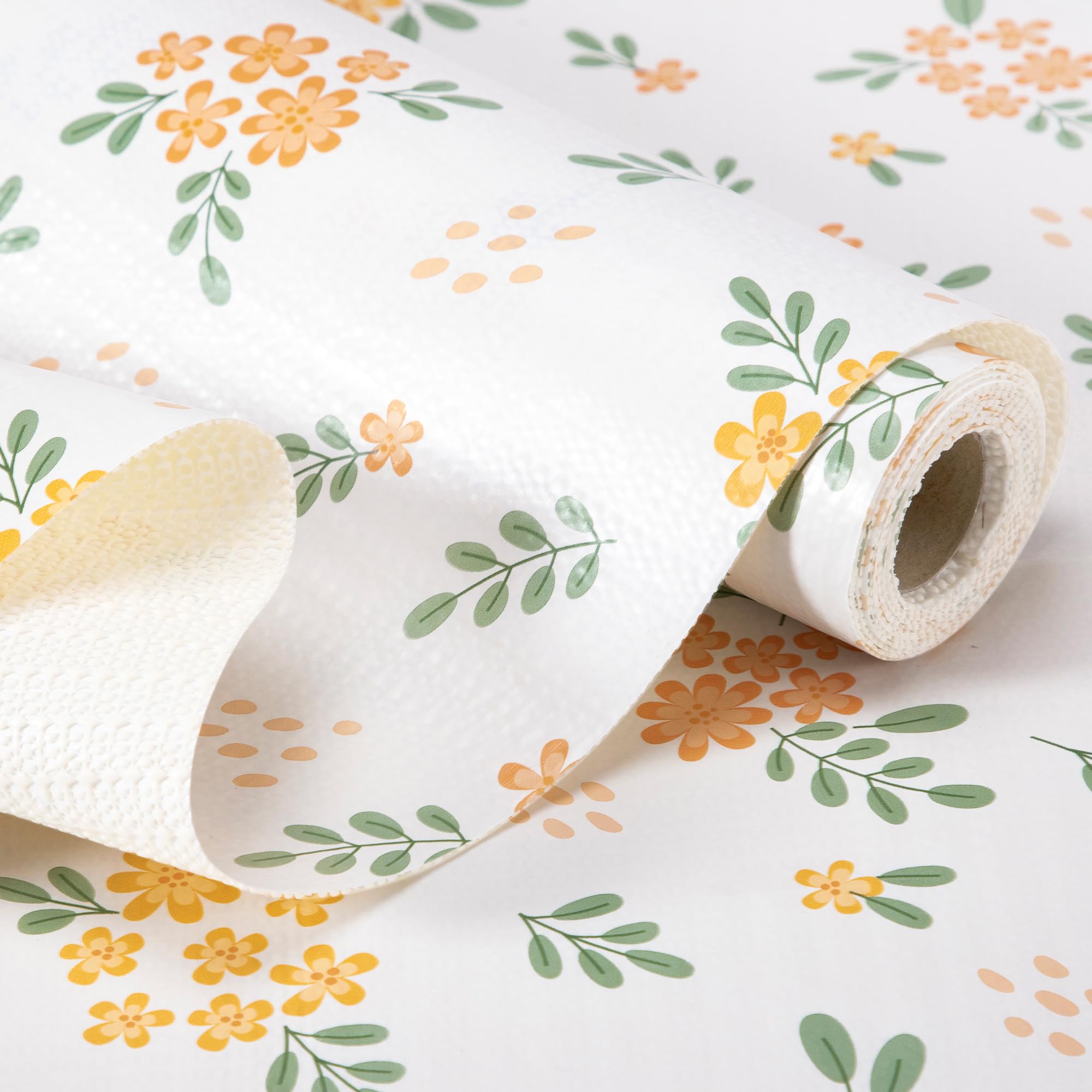RAY STAR Shelf Liner, 18 Inch x 24 Feet Non Adhesive Orange Floral Kitchen Cabinet Liner for Pantry Drawer Vanity, Strong Grip Non Slip Waterproof, Shelf Liners for Kitchen Cabinets Cupboard