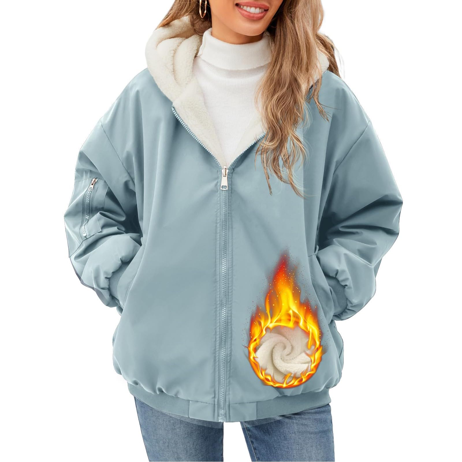 Fleecejacke Damen Hoodie Teddyfutter Plüschjacke Dick Winterjacke Warm Gefüttert Kapuzenjacke Oversize Sweatjacke Mit Kapuze Zipper Hooded Frauen Mit Taschen Kuscheljacke Flauschig Winter