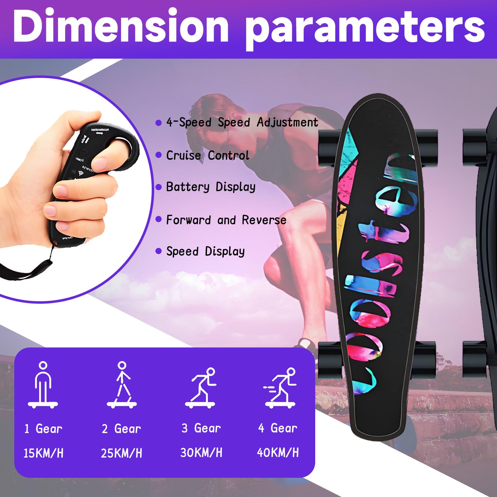 Skateboard électrique avec télécommande, Longboard électrique, Vitesse maximale de 25 mph, réglage à 4 Vitesses, pour débutants et confirmés. A-2